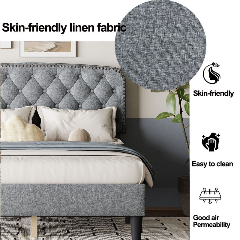 Full size Adjustable Headboard with Fine Linen Upholstery and Button Tufting for Bedroom, Wave Top Light Gray