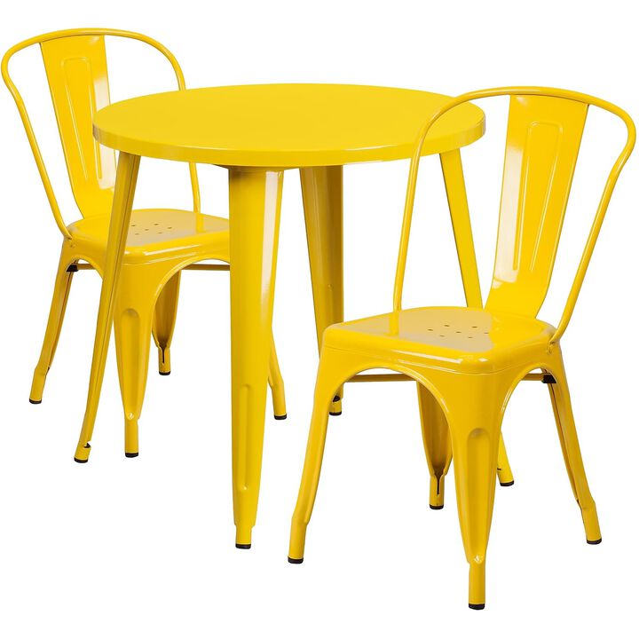 Flash Furniture Commercial Grade 30" Round Yellow Metal Indoor-Outdoor Table Set with 2 Cafe Chairs