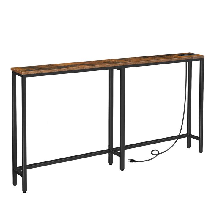 Slim Console Table with Charging Station for Entryway and Living Room-Brown