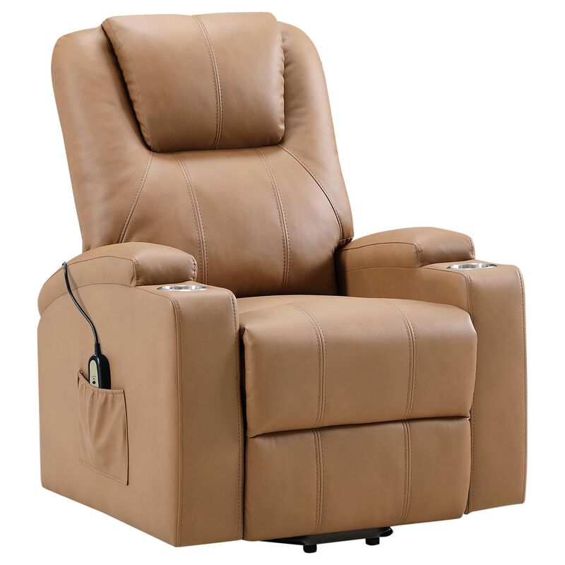 Stoy Power Lift Recliner Chair, Massage, 36 Inch Brown Faux Leather - Benzara