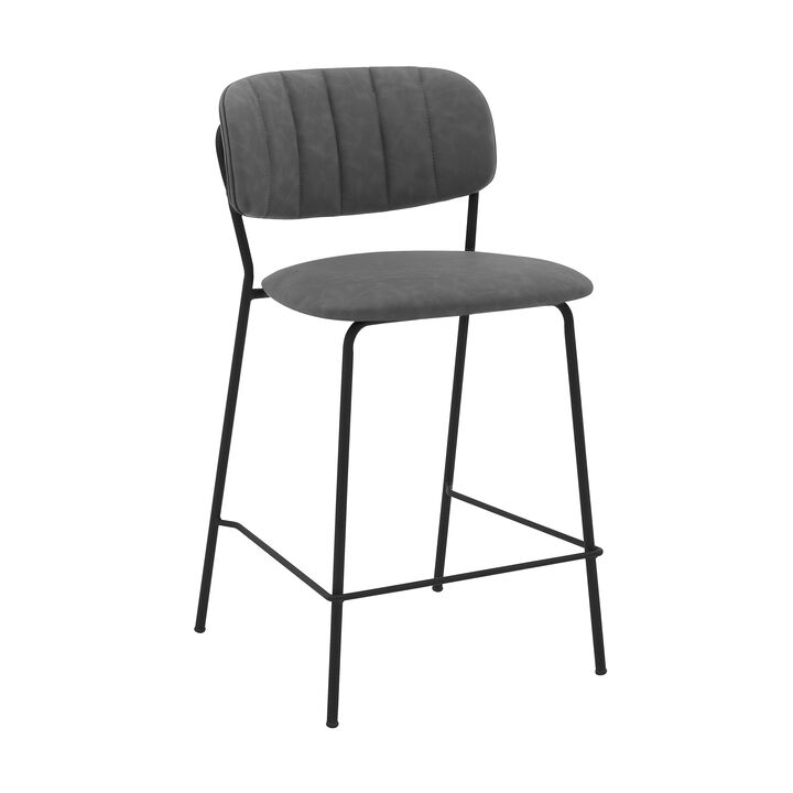 Carlo  Gray Faux Leather and Black Metal Counter Height Bar Stool