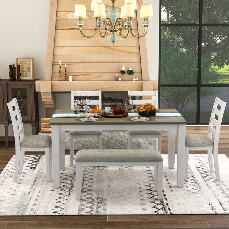 Rustic Style 6-Piece Dining Room Table Set with 4 Upholstered Chairs & a Bench