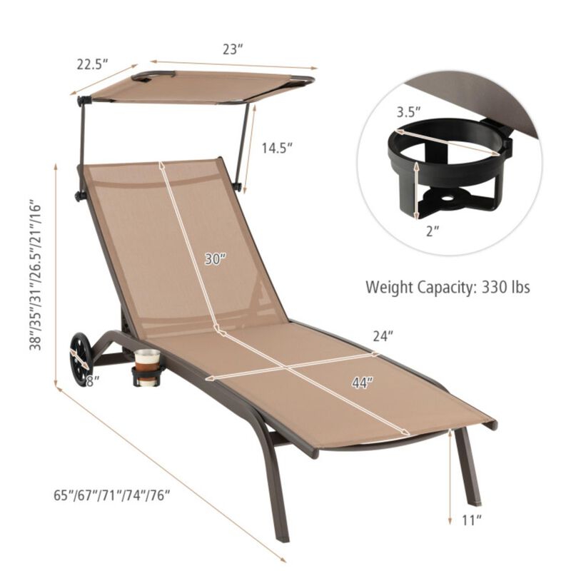 Hivvago Patio Heavy-Duty Adjustable Chaise Lounge Chair with Canopy Cup holder and Wheels-Brown