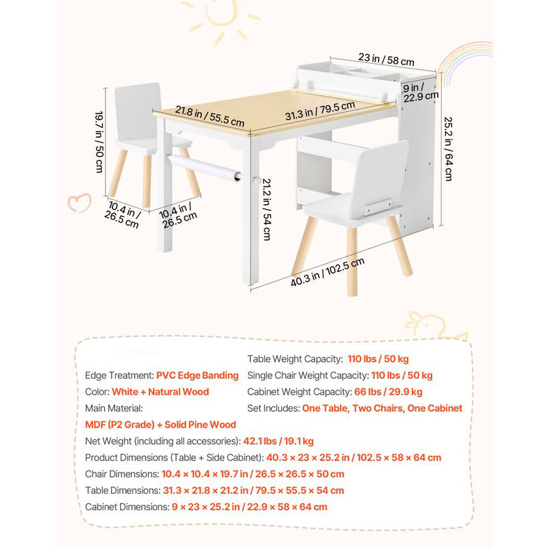 Kids Play Table with 2 Chairs and 3-Tier Storage for Art and Study Activities-White image number 2