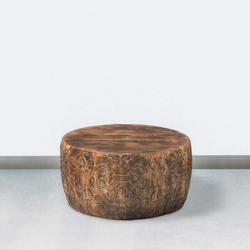Rea 34 Inch Handcrafted Mango Wood Coffee Table, Round Drum Shape, Carved Damask Pattern, Walnut Brown