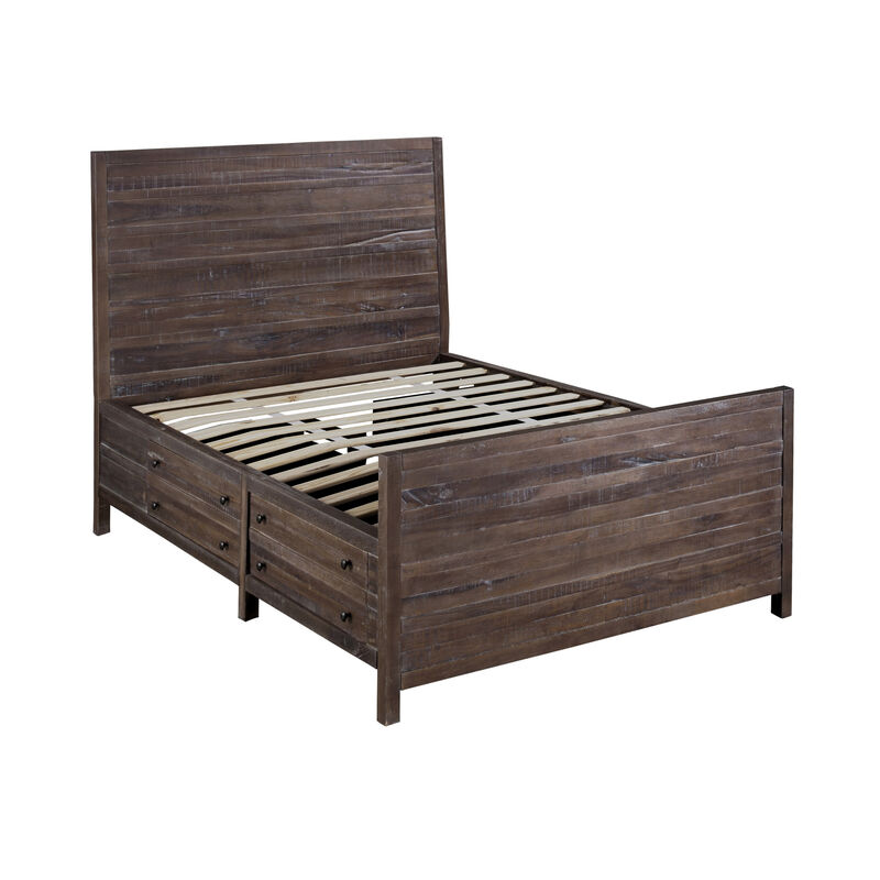 Cas California King Storage Bed, Plank Panel Headboard, Rough Hewn Brown - Benzara