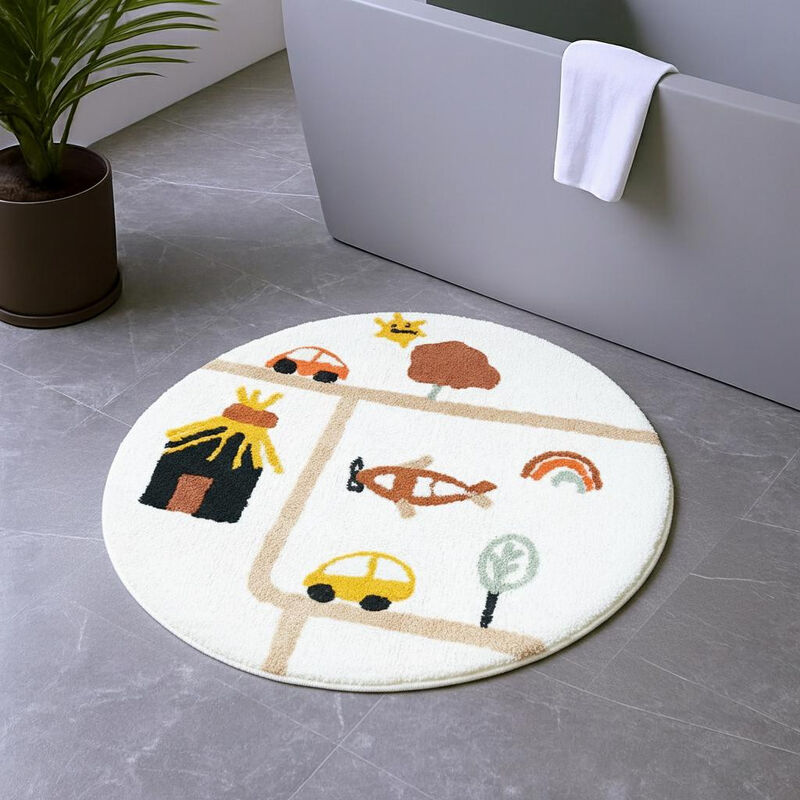 HomeRoots 32" White Yellow And Red Cotton Cars Round Youthful Bath Rug image number 1