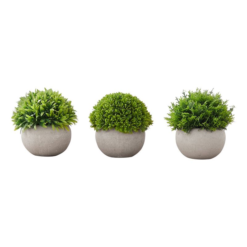 Monarch Specialties I 9589 -Artificial Plant, 5" Tall, Grass, Indoor, Faux, Fake, Table, Greenery, Potted, Set Of 3, Decorative, Green Plants, Grey Pots image number 0