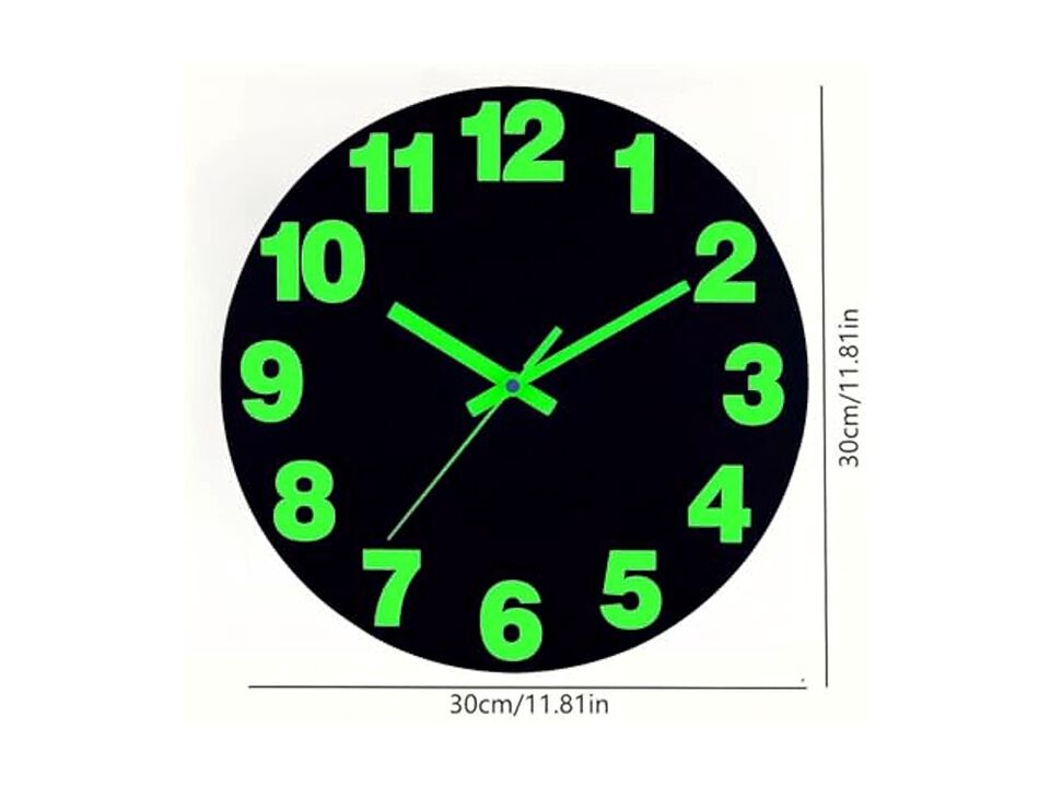 Vinyl Black Glowing Dark Fluorescent Wall Clock 12 Inch Silent Battery Operated