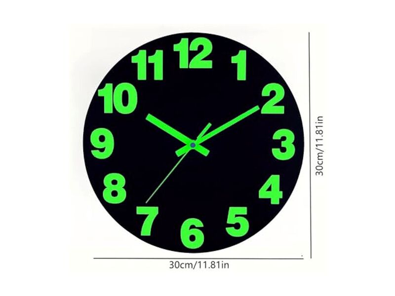 Vinyl Black Glowing Dark Fluorescent Wall Clock 12 Inch Silent Battery Operated image number 1