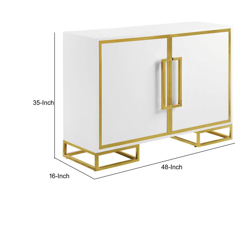 48 Inch Wood Accent Cabinet with 2 Doors and Square Open Base, White, Gold-Benzara