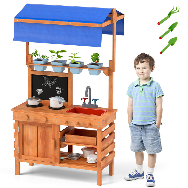 Kids Wooden Pretend Kitchen Play Set with Adjustable Canopy for Creative Play