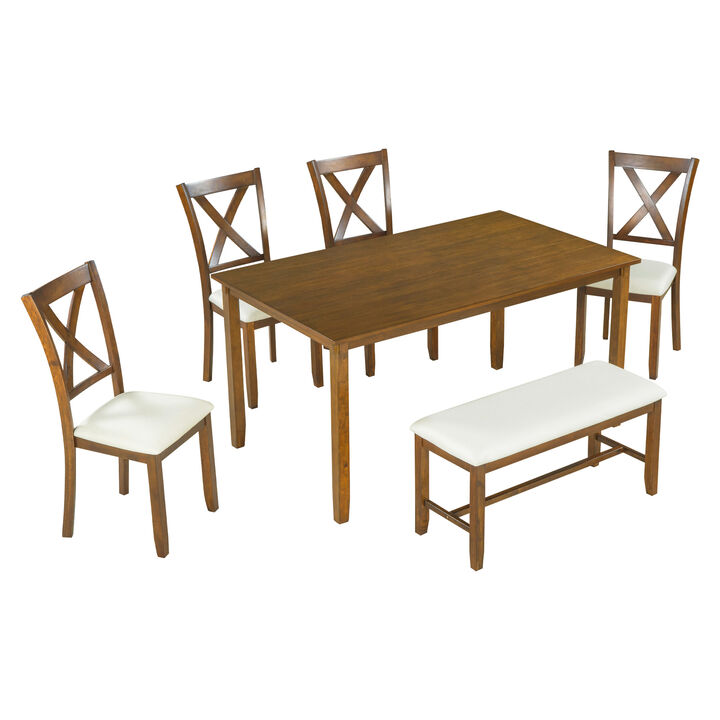 Merax Wooden Dining Table Set with 4 Upholstered Chairs & Storage Bench