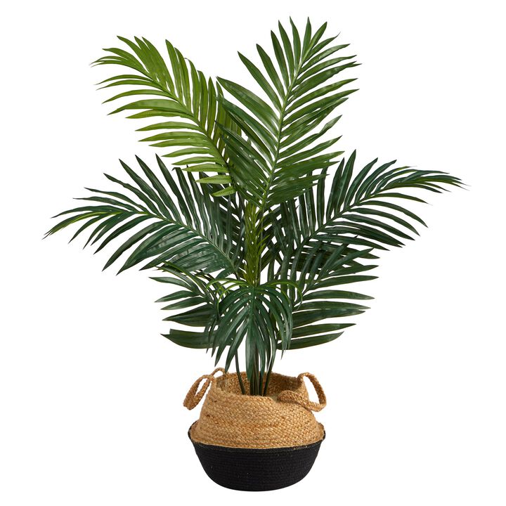 Hivvago 4 Feet Kentia Palm Artificial Tree in Boho Chic Handmade Cotton & Jute Black Woven Planter