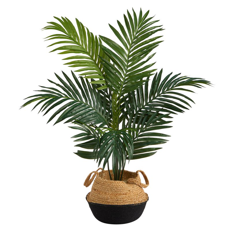 Hivvago 4 Feet Kentia Palm Artificial Tree in Boho Chic Handmade Cotton & Jute Black Woven Planter