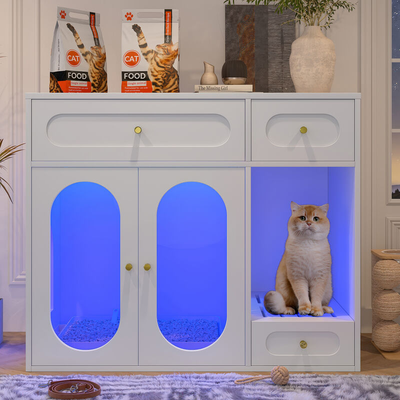 Whisen 37" Pet Furniture, Cat Litter Box Enclosure with 2 Drawers & Side Collection, MDF & Acrylic Hidden Litter Furniture End Table image number 2
