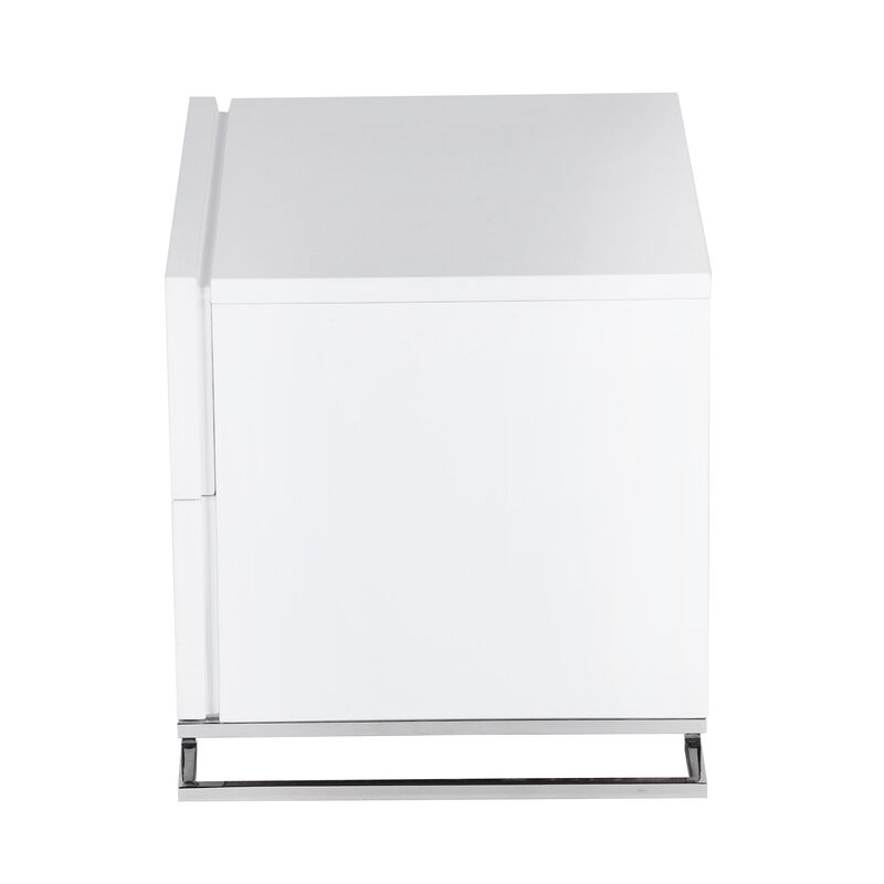 Sam 20 Inch Nightstand, 2 Drawers, White Wood, High Polished Metal Legs - Benzara
