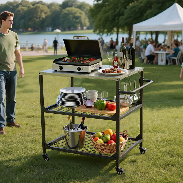 Outdoor Grill Cart with Stainless Steel Top 4 Wheels and Mesh Shelves