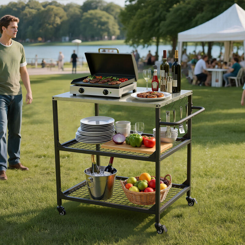 Outdoor Grill Cart with Stainless Steel Top 4 Wheels and Mesh Shelves image number 1