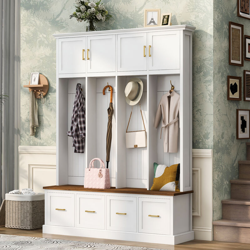 Merax All-in-One Entryway Hall Tree with Hanging Hooks, Upper Cabinet, 3 Drawers & Seating Bench image number 2