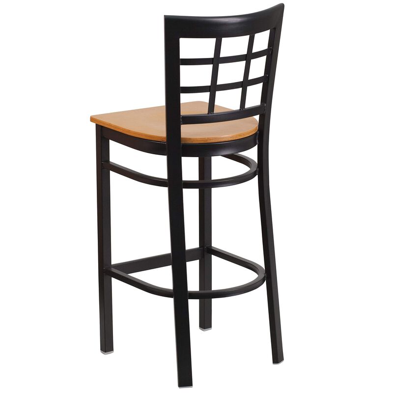 Flash Furniture HERCULES Series Black Window Back Metal Restaurant Barstool - Natural Wood Seat