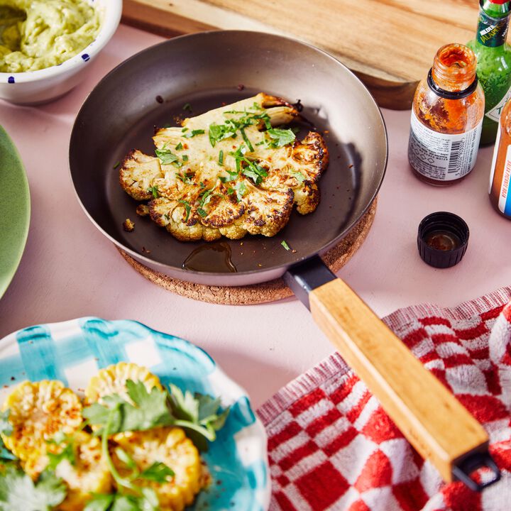 Alva Forest Naturally Nonstick Carbon Steel Frying Pan 4-Piece Set - Acacia Wood Handle, Pre-Seasoned and Made w/o PFAS, PFOA & PTFE - Induction and All Stovetop Compatible with Even Heat Distribution