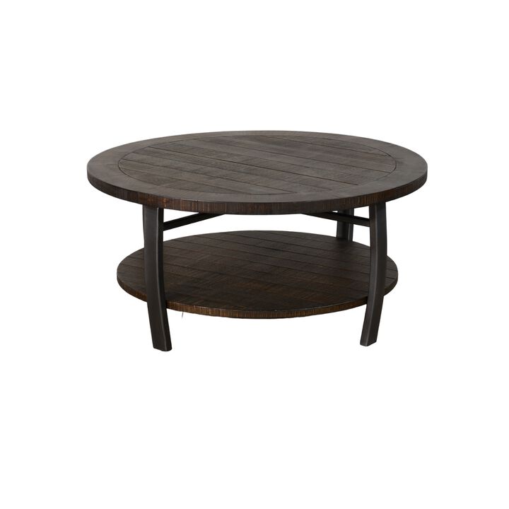 Flint Coffee Table w Shelf, Barrel Shape, 38 Inch Dark Brown Round Top