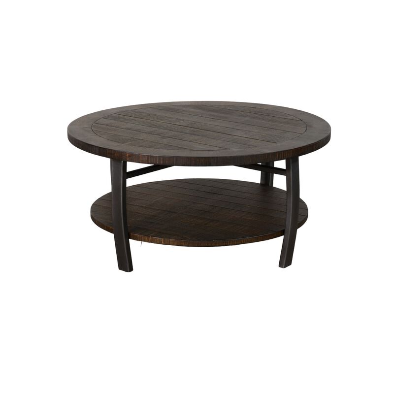 Flint Coffee Table w Shelf, Barrel Shape, 38 Inch Dark Brown Round Top