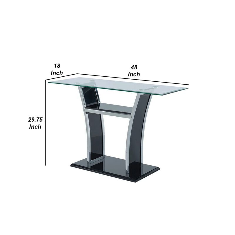 Sofa Table with Chrome Trimmed Curved Sides and Open Bottom Shelf, Black-Benzara