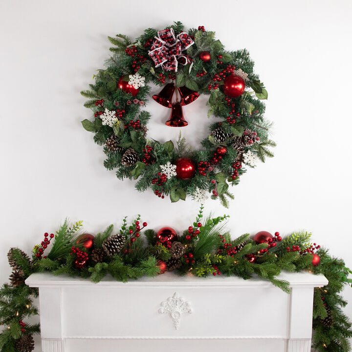 Red Bells and Mixed Foliage Artificial Christmas Wreath  30-Inch  Unlit