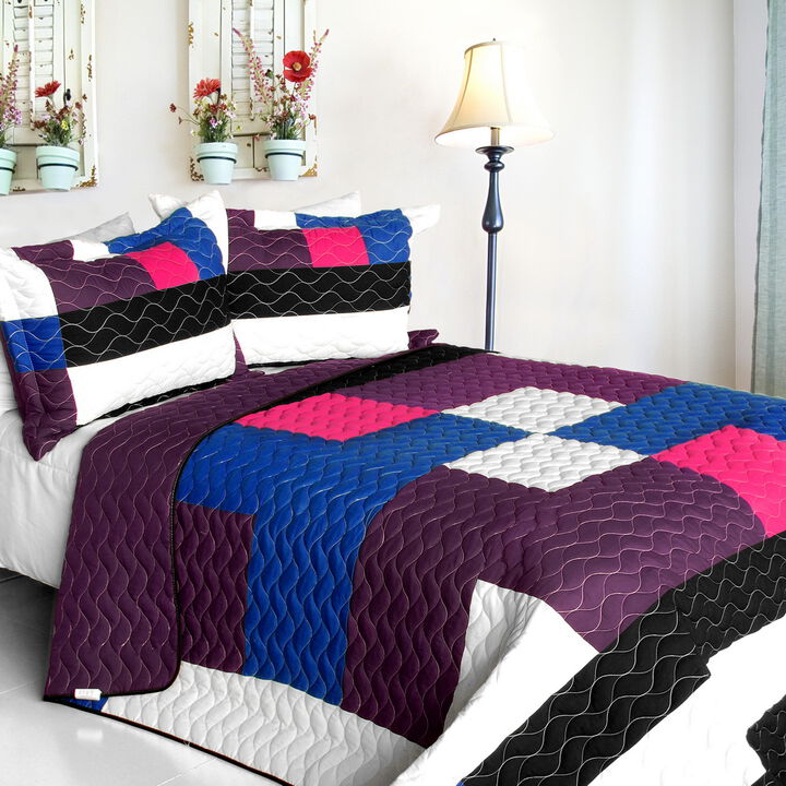 3 Piece Vermicelli Quilted Patchwork Quilt Set in Sideman Design-Purple