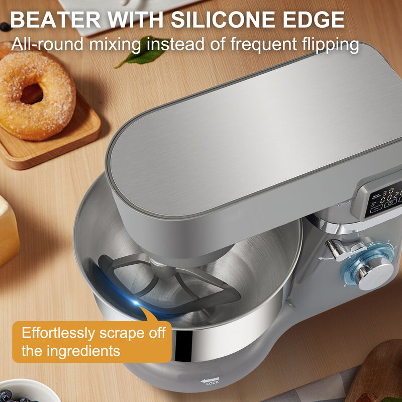 VEVOR Stand Mixer, 660W Electric Dough Mixer with 6 Speeds LCD Screen Timing, Tilt-Head Food Mixer with 5.8 Qt Stainless SteelBowl, Dough Hook, Flat Beater, Whisk, Scraper, Splash-Proof Cover - Gray