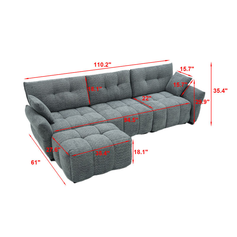 FUFU&GAGA Modern L-Shaped Sofa Set with Ottoman, Includes 2 Pillows, Textured Fabric, (110.2 in. W x 61 in. D x 35.4 in. H), Gray