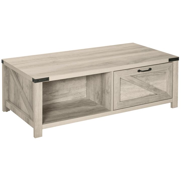 Farmhouse Coffee Table with Drawer and Storage Open Shelf for Living Room, Oak