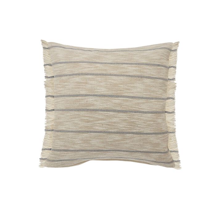 20" Taupe Brown and Blue Striped Square Throw Pillow with Fringe