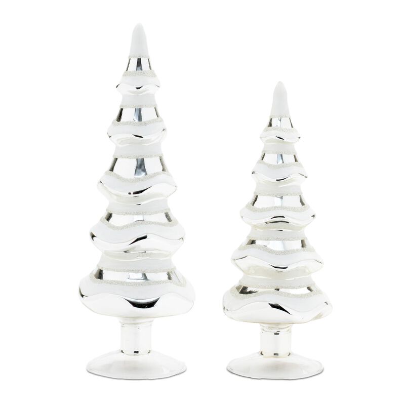Snowy Pine Tree Decorations in Glass (2-Pack) – Elegant Frosted Holiday Trees for Seasonal Styling