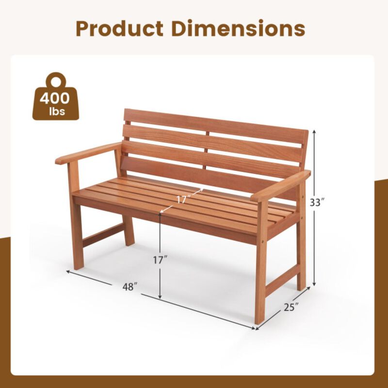 Hivvago Patio Hardwood Bench Wood 2-Seat Chair with Breathable Slatted Seat & Inclined Backrest