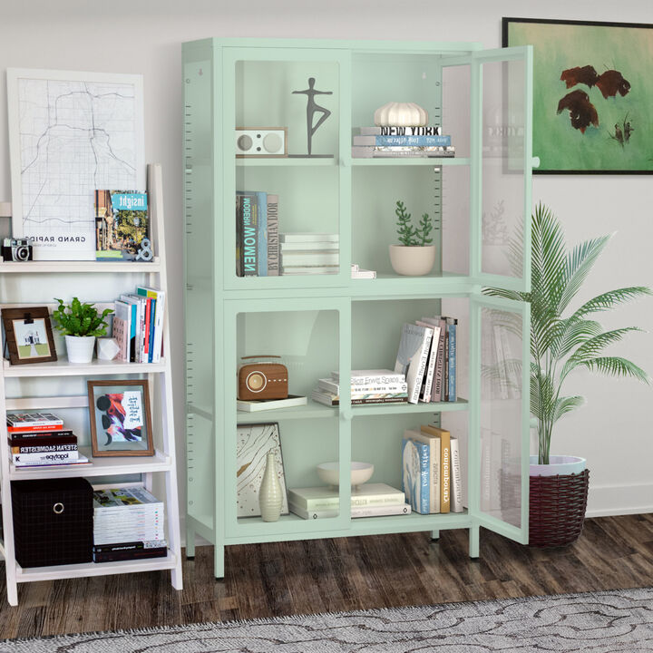 Four Glass Door Storage Cabinet with Adjustable Shelves and Feet Cold-Rolled Steel Sideboard Furniture for Living Room Kitchen Mint green
