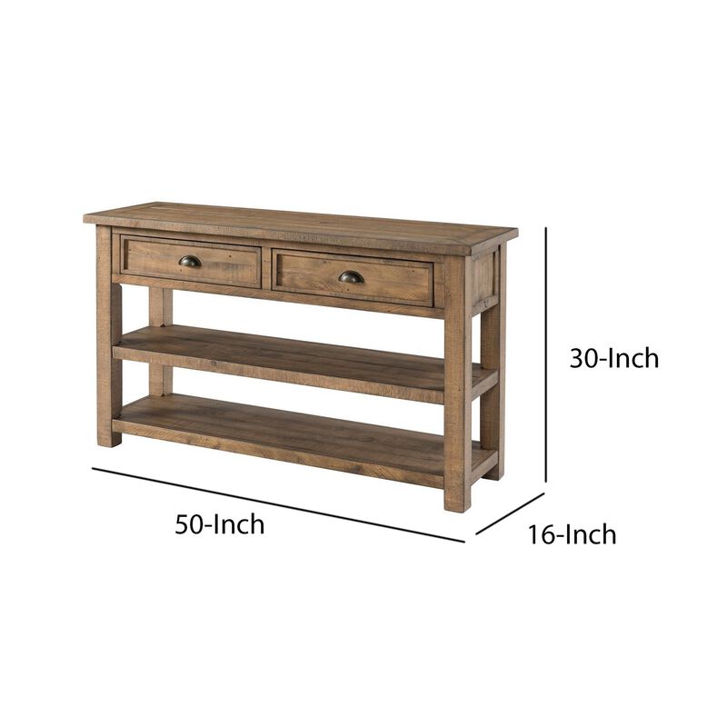 Coastal Style Rectangular Wooden Console Table with 2 Drawers, Brown-Benzara