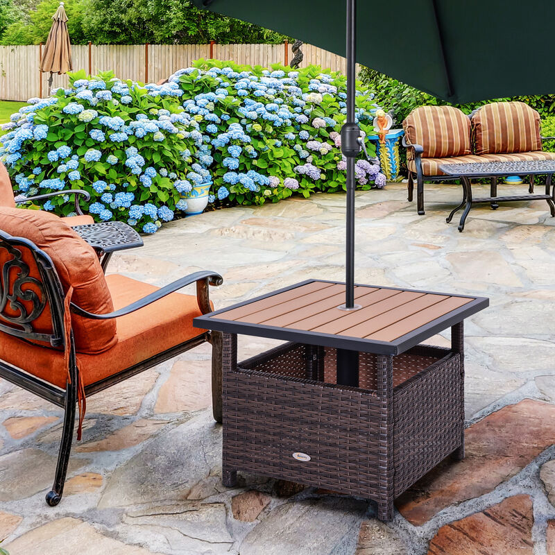 Outsunny 22'' Rattan Wicker Side Table with Steel Frame, Umbrella Insert Hole, Sand Bag for Outdoor, Patio, Garden, Backyard, Brown