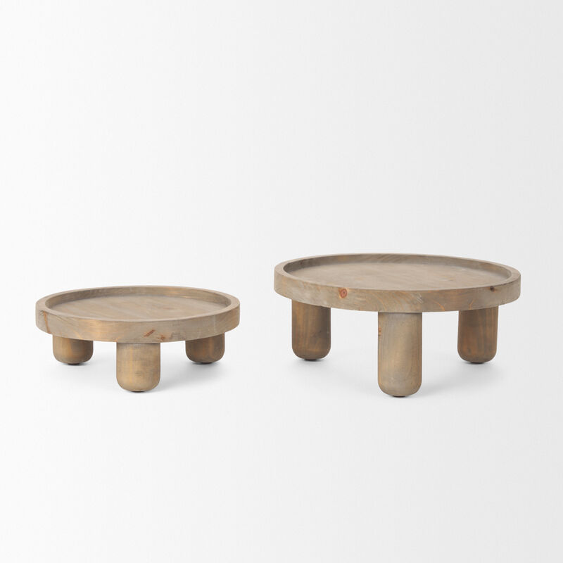 HomeRoots Set of Two Gray And Natural Solid Wood Handmade Round Risers image number 5