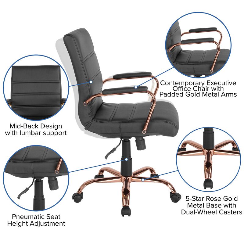 Flash Furniture Whitney Mid-Back Swivel LeatherSoft Desk Chair with Padded Seat and Armrests, Adjustable Height Padded LeatherSoft Office Chair, Black/Rose Gold image number 3