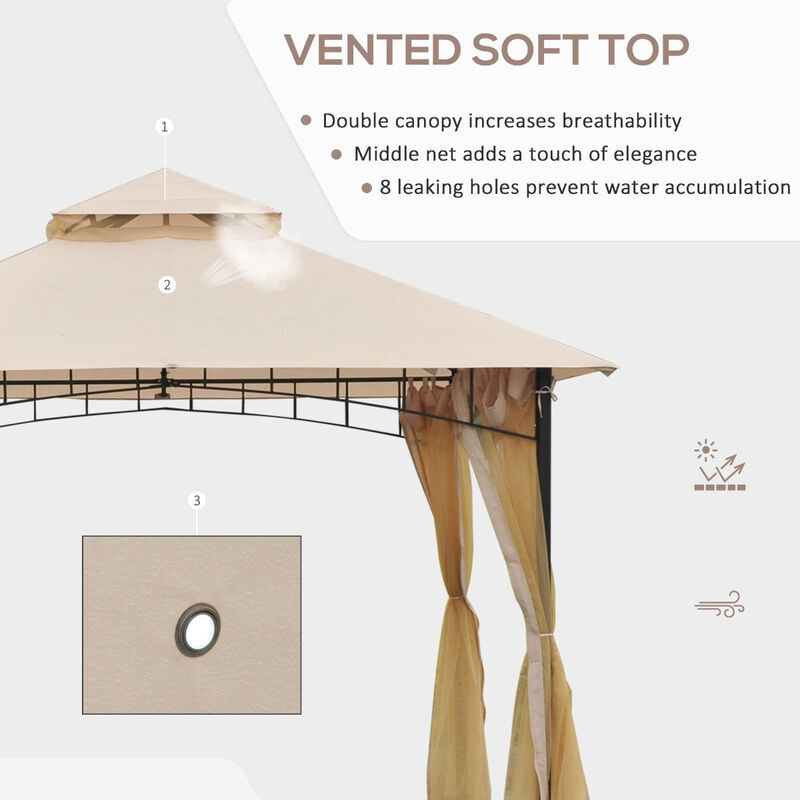 10'x10' Outdoor Patio Gazebo Canopy Metal Canopy Tent with 2-Tier Roof and Mesh Netting for Backyard, Beige