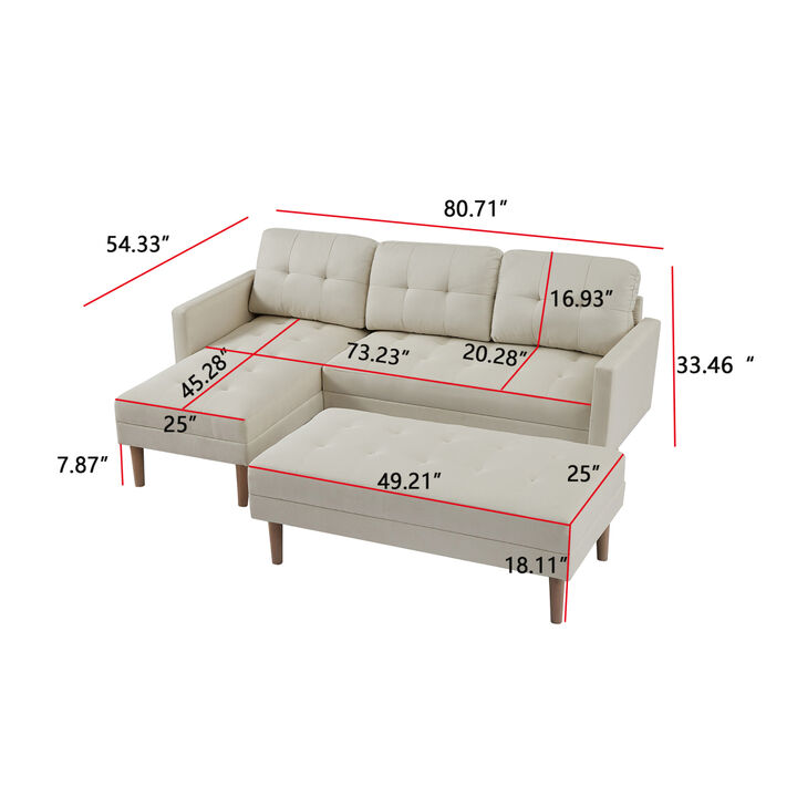 Beige Sectional Sofa Bed, L-SHAPED Sofa Chaise Lounge with Ottoman Bench