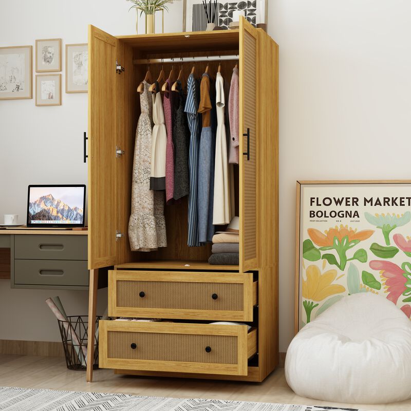 Brown Wooden Grain 31.4 in. Width Wooden Wardrobe, Armoire with 2-Tier Drawers and Hanging Bar
