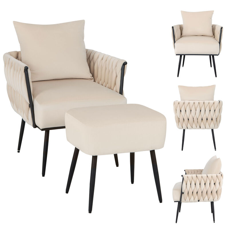 Modern Dutch Velvet Accent Chair and Ottoman Set with Weaved Back and Arms