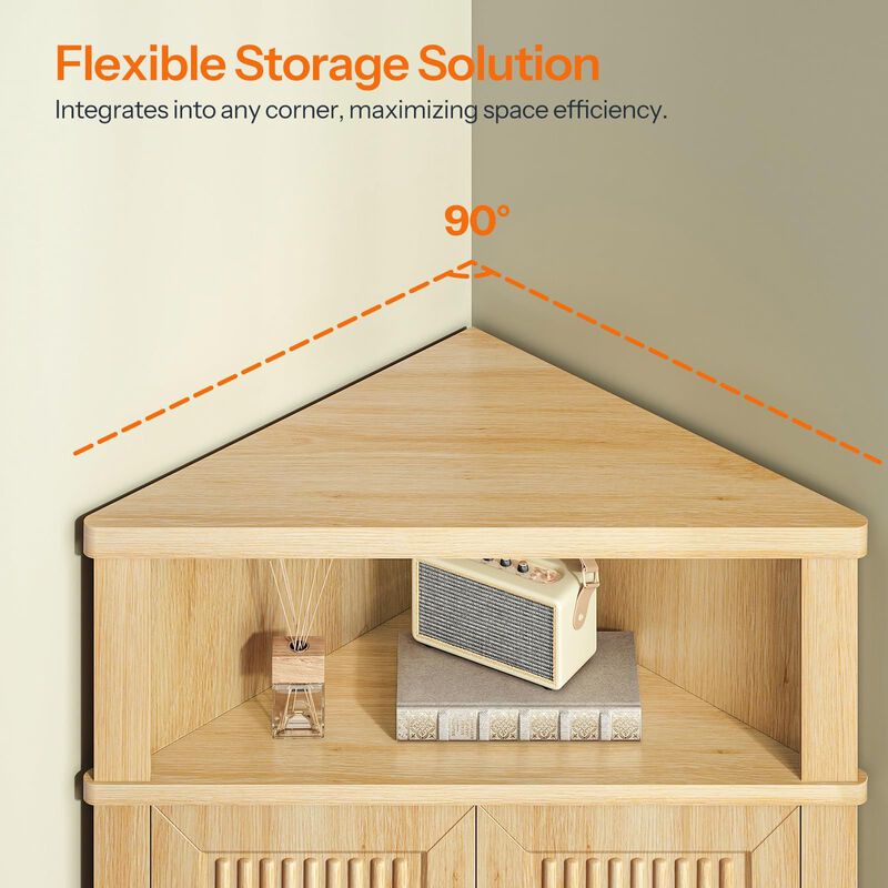 Wooden Fluted Corner Storage Cabinet with Door, Compact Space Saving Design-Beige image number 5