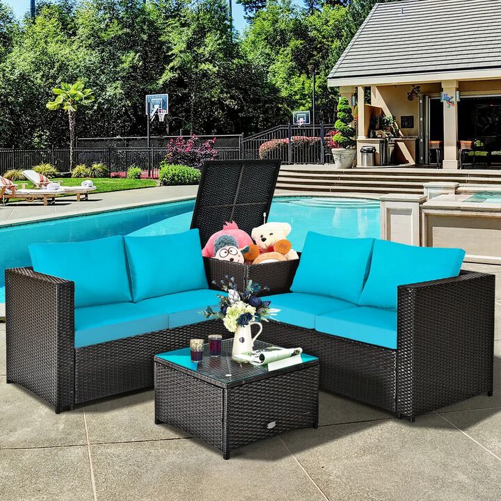 Mondawe 4 Pieces Outdoor Patio Rattan Furniture Set with Loveseat and Storage Box