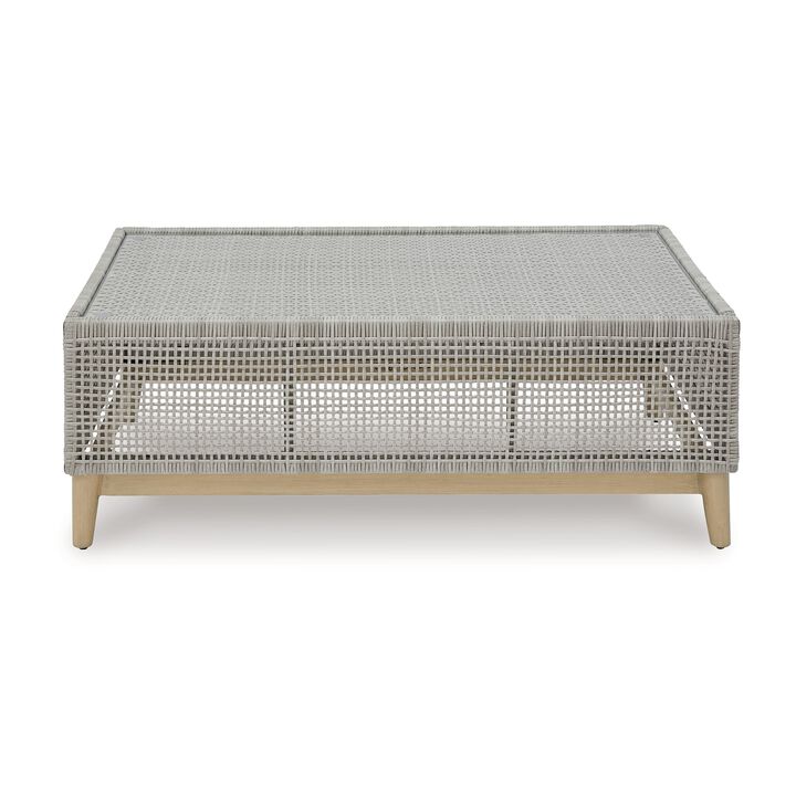 Yami 50 Inch Outdoor Coffee Table, Resin Wicker, Tempered Glass Top, Gray - Benzara