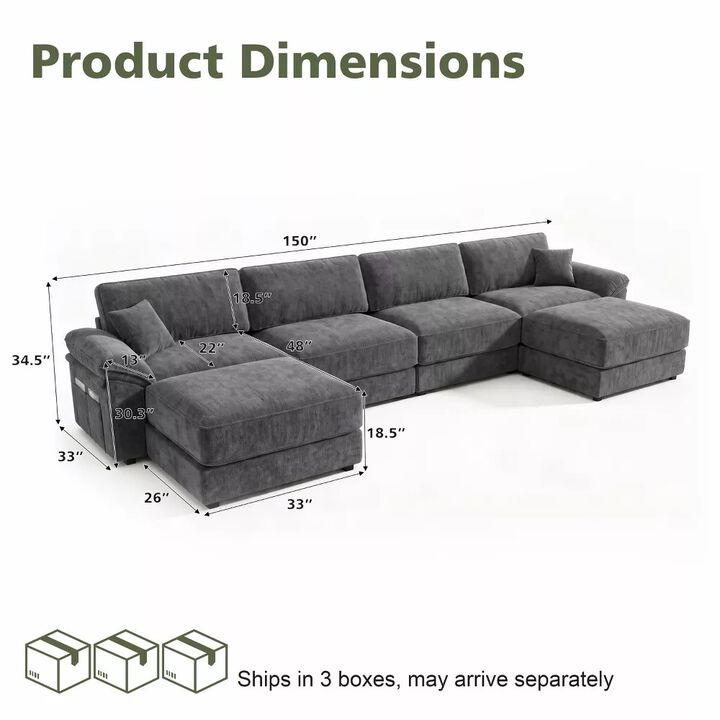 Vipbear 150 Inch Chenille Oversized Modular Sectional Sofa U Shaped Cloud Couch with Movable Ottoman